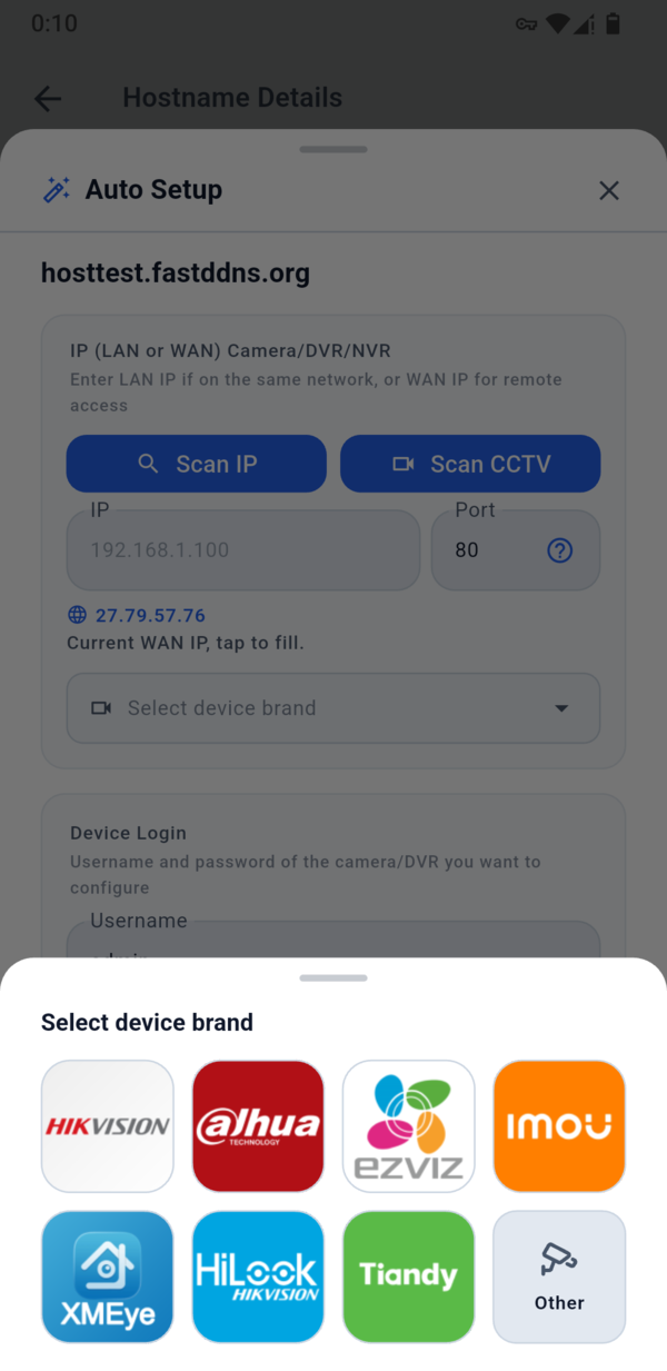 FastDDNS 應用程式的裝置品牌選擇器，顯示 Hikvision、Dahua、EZVIZ、IMOU、XMEye、HiLook、Tiandy 和其他