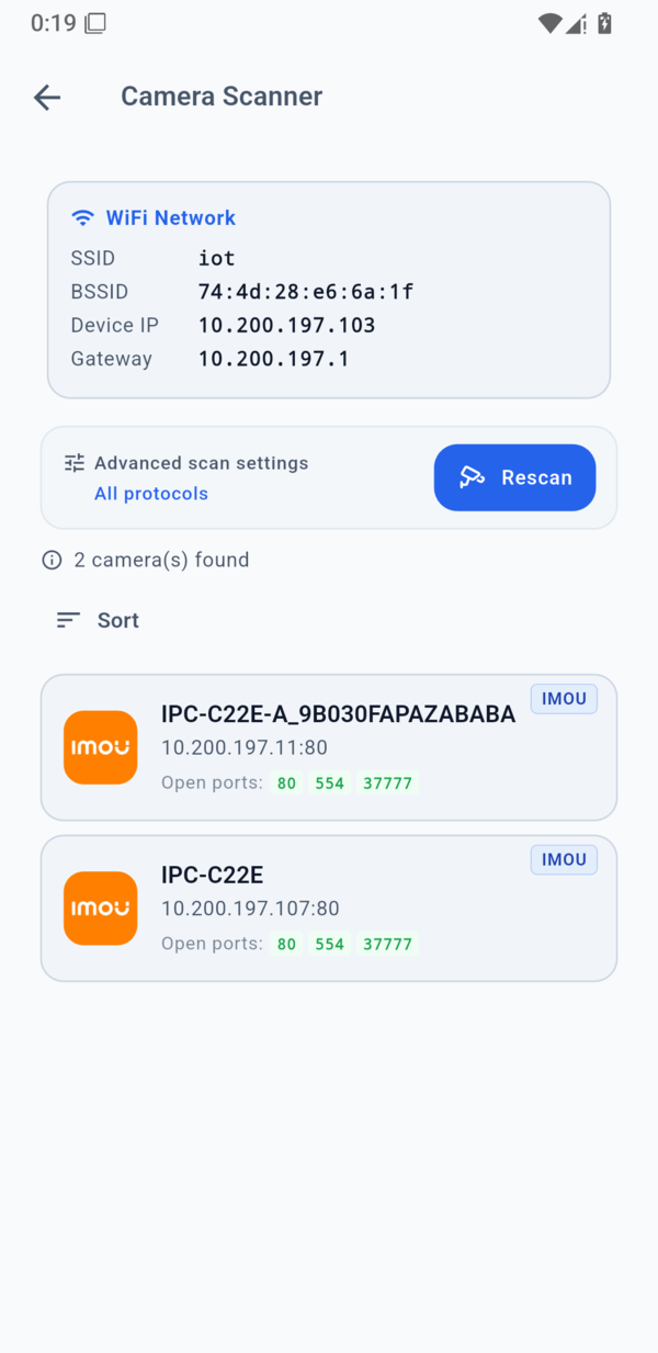 FastDDNS 應用程式中的攝影機掃描器，列出兩台偵測到的 IMOU 攝影機及其型號與開放連接埠