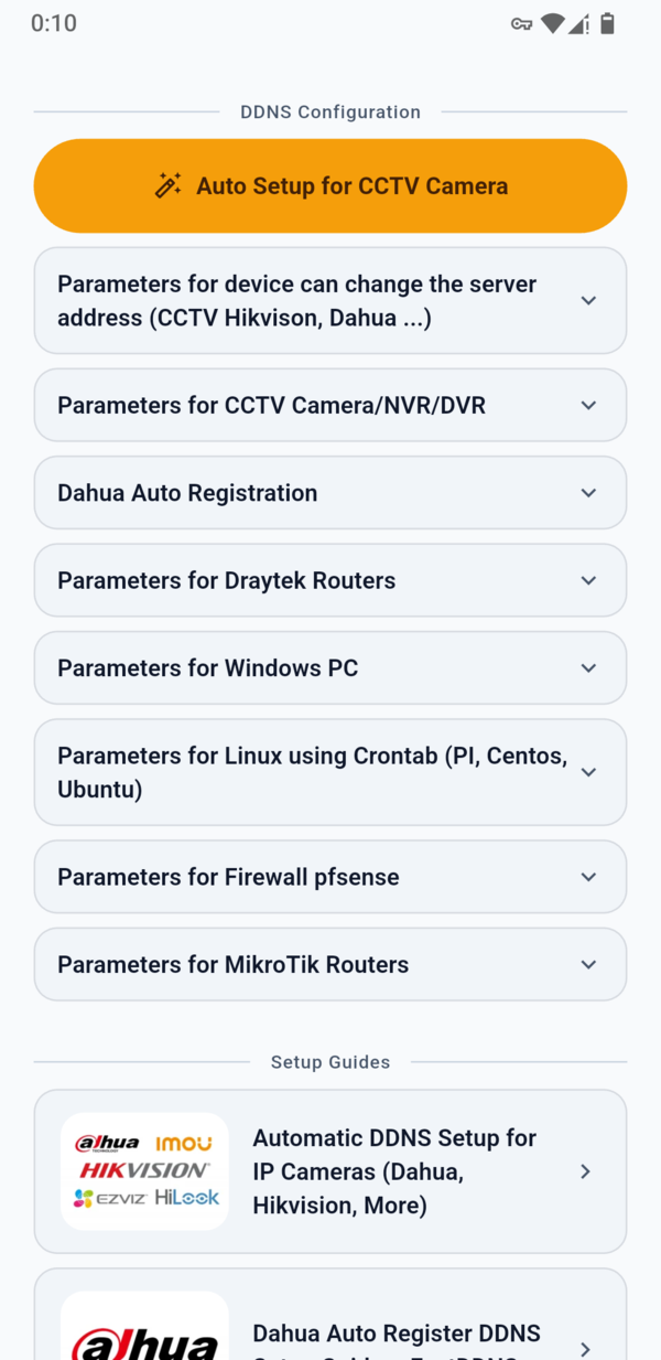 FastDDNS 應用程式的 DDNS 設定區段，包含適用於攝影機、DrayTek、Windows、Linux、pfSense 和 MikroTik 的可展開參數區塊