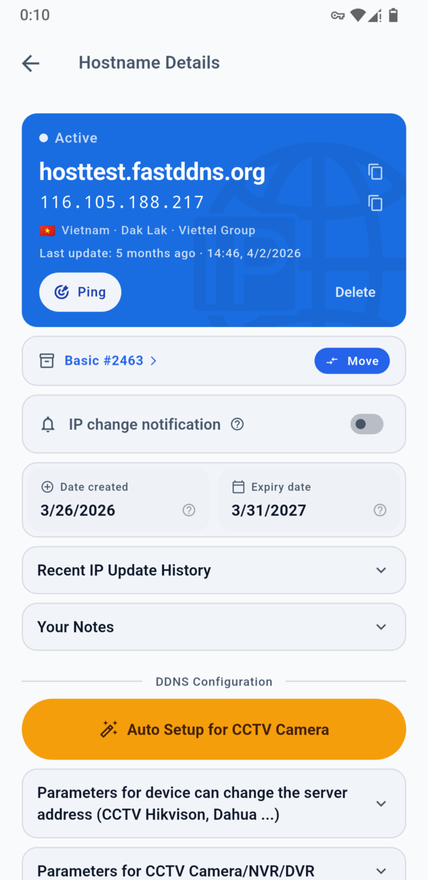 FastDDNS hostname details screen