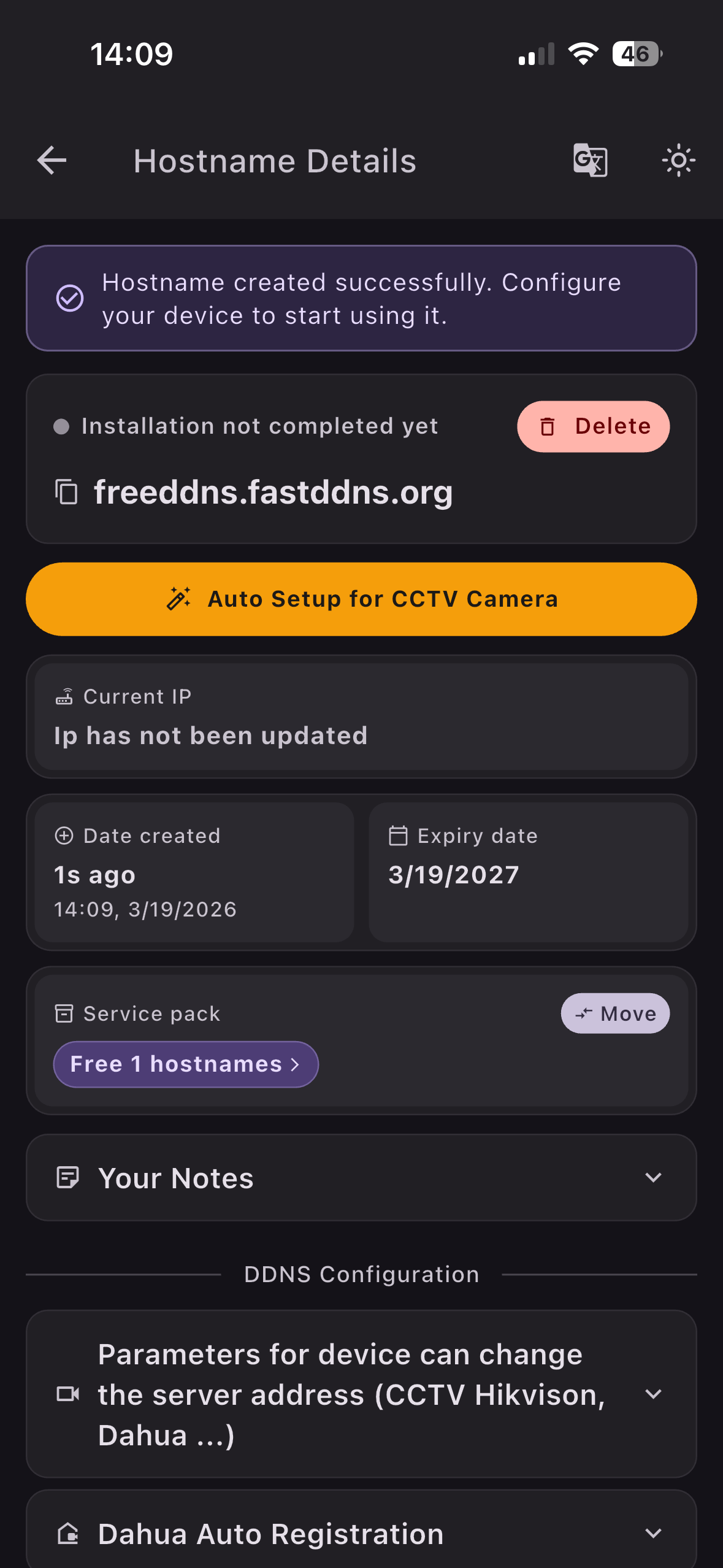 FastDDNS hostname details screen
