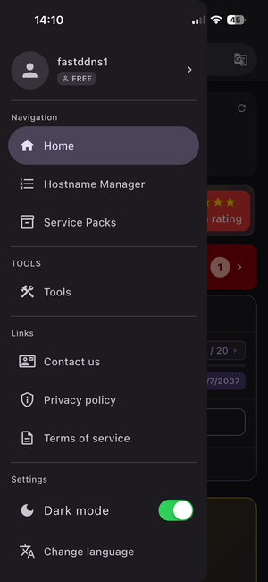 FastDDNS app menu screen