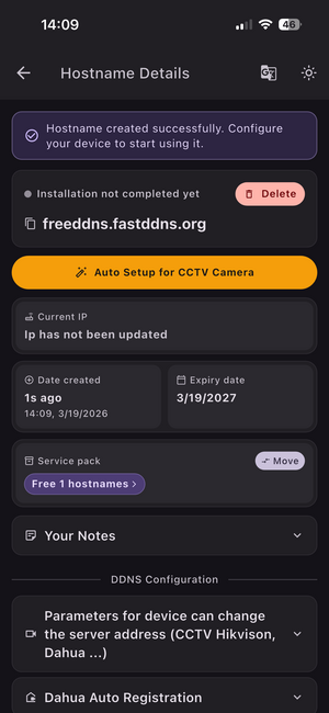 FastDDNS hostname details screen