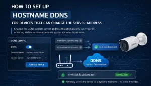 Cover illustration: a DVR DDNS config form replacing members.dyndns.org and dynupdate.no-ip.com with the FastDDNS update server