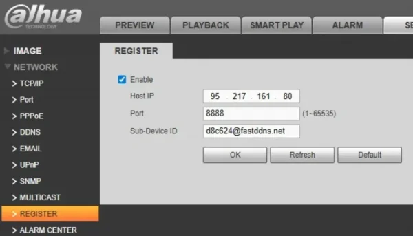 Dahua CCTV web interface showing the “Register” network settings page, where Auto Register is enabled with Host IP 95.217.161.80, Port 8888, and Sub-Device ID configured
