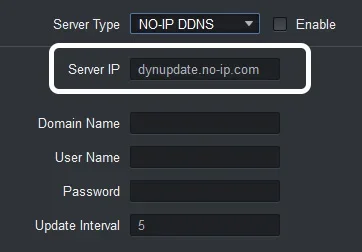 No-IP default server address showing dynupdate.no-ip.com on a camera DDNS settings page