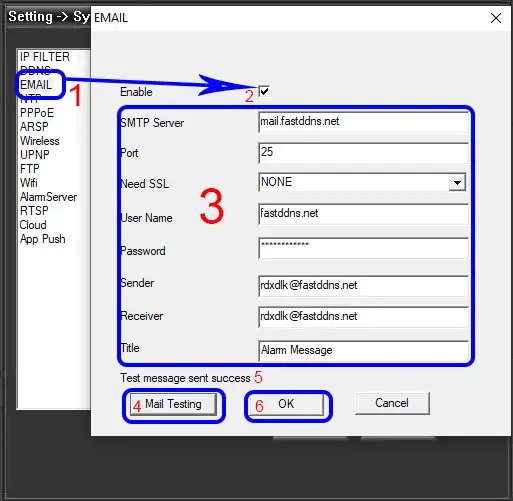 EMAIL dialog on a Xiongmai recorder with SMTP server, port, SSL set to NONE, user name, password, sender, receiver and the Mail Testing button numbered in order
