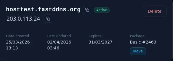 FastDDNS hostname card showing the hostname marked Active, the current public IP address underneath and the Date created, Last Updated, Expires and Package row