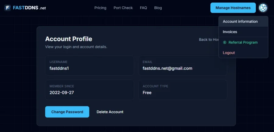 FastDDNS Account Profile page showing Delete Account button next to Change Password