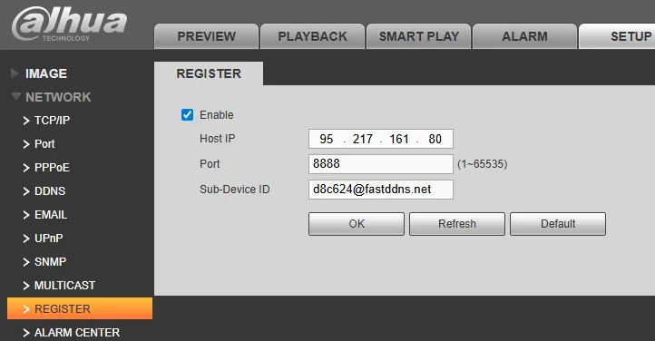 다화 장치 웹 인터페이스: 네트워크 설정 > > 등록 화면