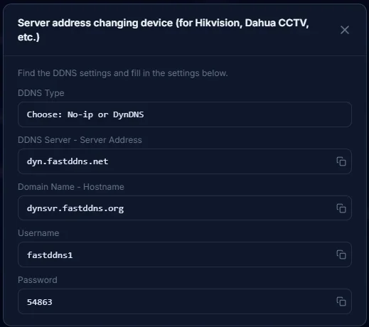Completed DDNS configuration on a camera showing dyn.fastddns.net as Server IP with FastDDNS hostname and credentials filled in