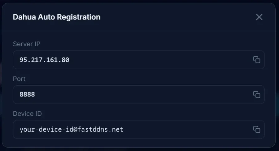 Панель Автоматической регистрации Dahua на сайте FastDDNS, показывающая IP-адрес сервера 95.217.161.80, порт 8888 и поле Device ID