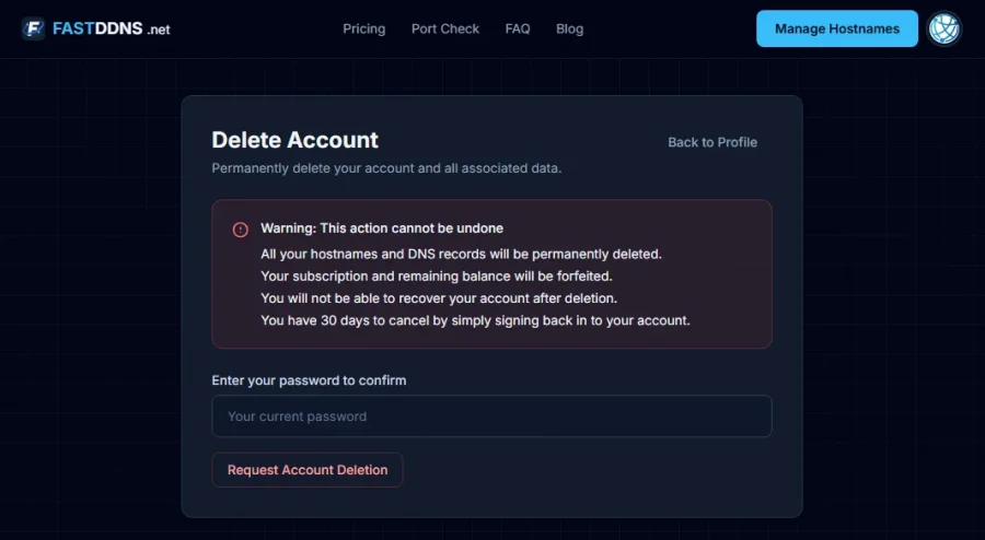 FastDDNS Delete Account page with warning notice and password confirmation field