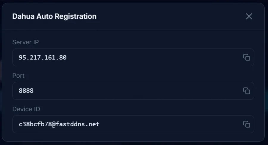 FastDDNS dashboard: Dahua Auto Registration panel with Server IP, Port, and Device ID