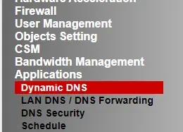 القائمة اليسرى لموجّه DrayTek مع توسيع التطبيقات وتسليط الضوء على DNS الديناميكي