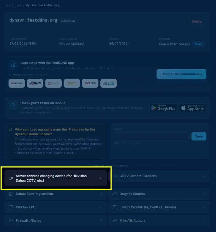 FastDDNS configuration panel showing DDNS server address, hostname, username, and password