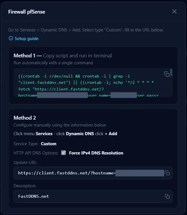 Firewall pfSense-Panel im FastDDNS-Dashboard: Methode 1 Installationsskript oben und Methode 2 mit Servicetyp Benutzerdefiniert, IPv4-DNS-Auflösung erzwingen, Update-URL und Beschreibung unten