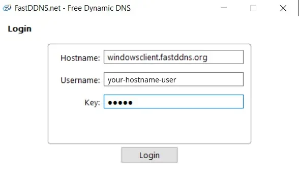 Ventana de inicio de sesión del cliente FastDDNS para Windows con los campos Hostname, Username y Key completados