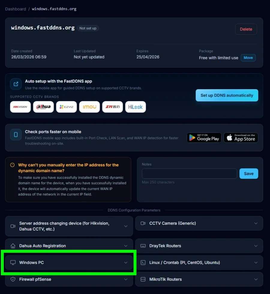 FastDDNS dashboard showing DDNS Configuration Parameters with Windows PC section highlighted