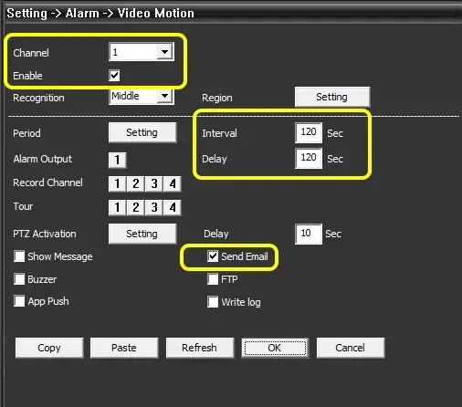 Video Motion settings on a Xiongmai recorder with Channel 1, Enable ticked, Interval and Delay set to 120 seconds and the Send Email box ticked