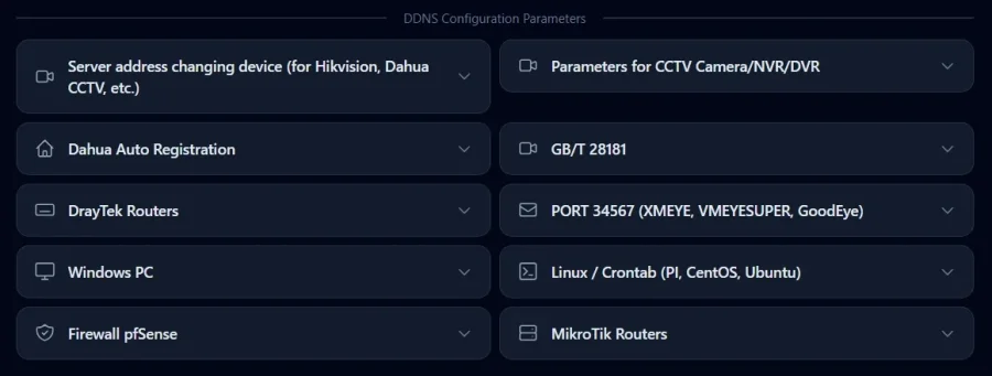 FastDDNS 호스트네임 페이지의 DDNS 구성 매개변수 섹션, 오른쪽 하단의 MikroTik 라우터 패널