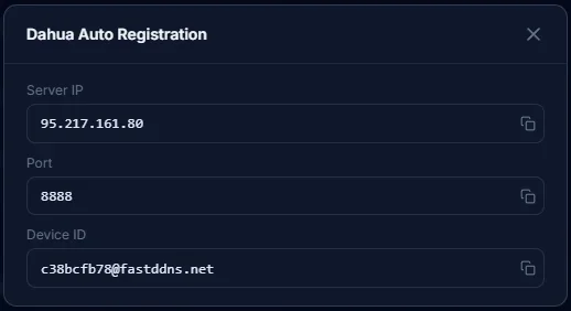 FastDDNS 대시보드: 서버 IP, 포트, 디바이스 ID가 포함된 다화 자동 등록 패널