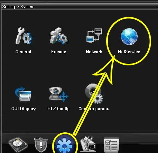 Setting > System menu on a Xiongmai recorder with NetService circled next to General, Encode and Network