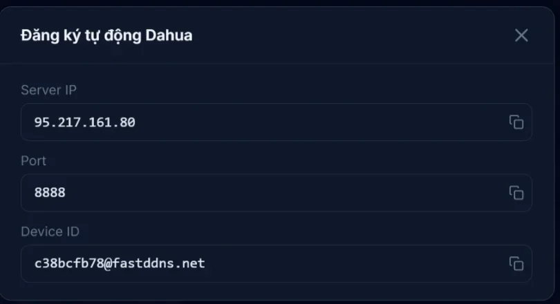Bảng điều khiển FastDDNS: Bảng đăng ký tự động Dahua với IP máy chủ, Cổng và ID thiết bị