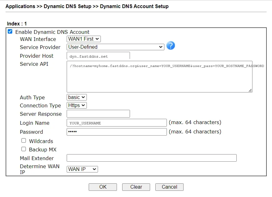 تم إكمال نموذج إعداد حساب DrayTek Dynamic DNS مع مزود الخدمة المعرفة من قبل المستخدم، والمضيف المزود dyn.fastddns.net، وسلسلة API الخاصة بالخدمة وتحديد WAN IP على WAN IP