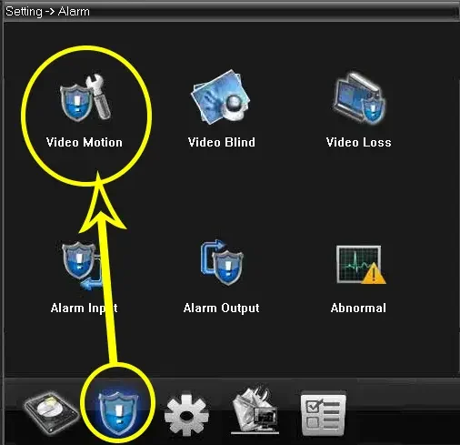 Setting > Alarm menu on a Xiongmai recorder with Video Motion circled among Video Blind, Video Loss, Alarm Input, Alarm Output and Abnormal