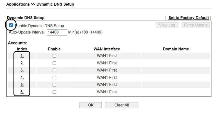 صفحة إعداد DNS الديناميكي في DrayTek مع تمكين إعداد DNS الديناميكي المحدد وخانات الفهرس المُرقّمة في جدول الحسابات