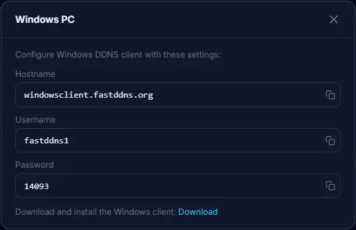 FastDDNS Windows PC configuration popup showing hostname, username, and password credentials