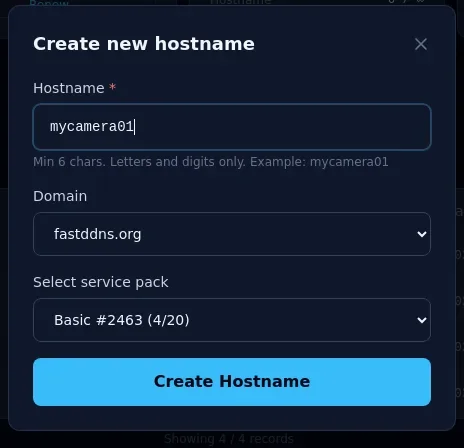 Диалог создания нового имени хоста на FastDDNS с полем имени хоста, списком доменов и селектором сервисного пакета